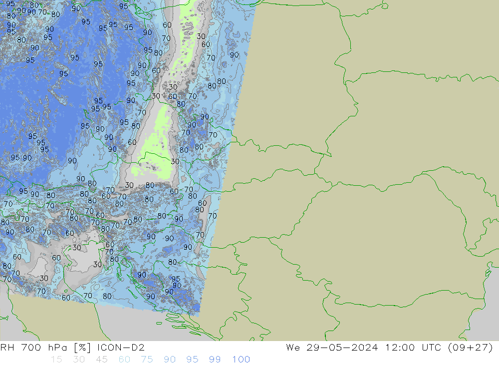 Humidité rel. 700 hPa ICON-D2 mer 29.05.2024 12 UTC