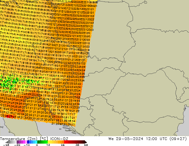 température (2m) ICON-D2 mer 29.05.2024 12 UTC