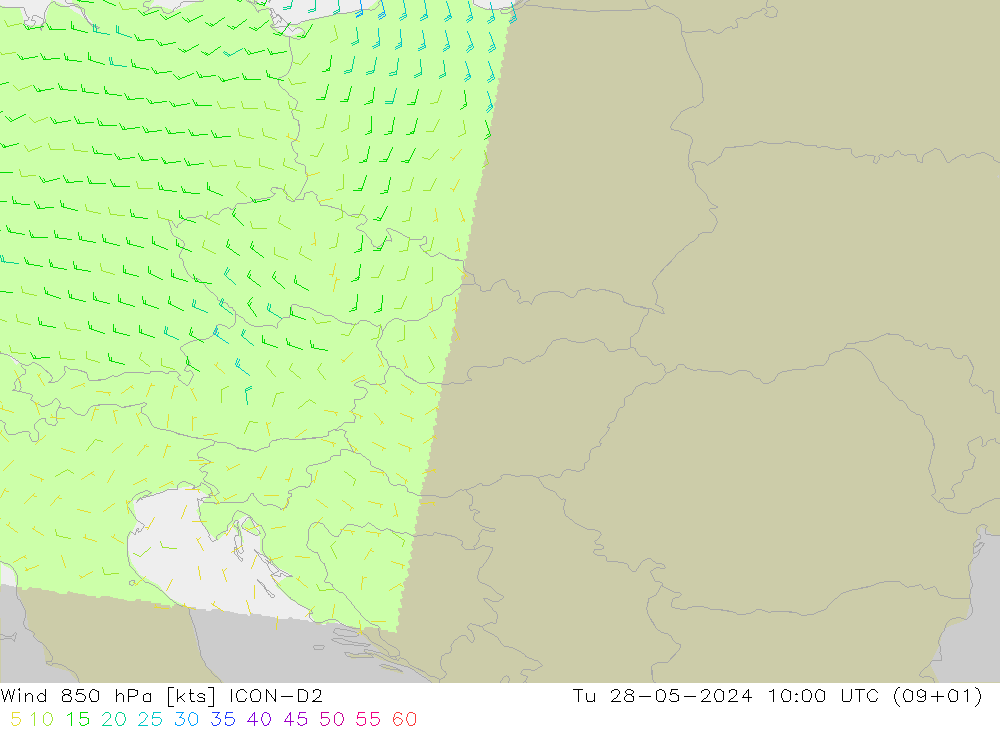 Wind 850 hPa ICON-D2 Út 28.05.2024 10 UTC