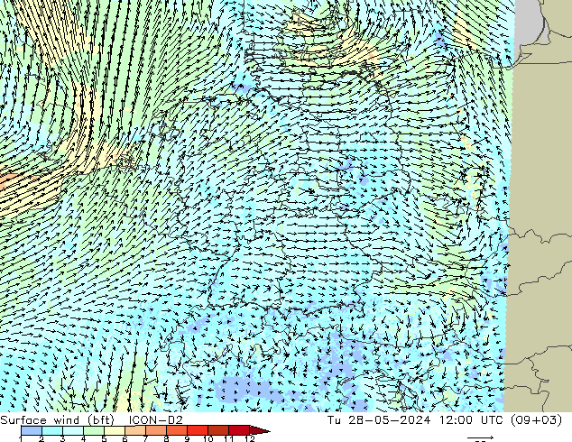 Surface wind (bft) ICON-D2 Tu 28.05.2024 12 UTC