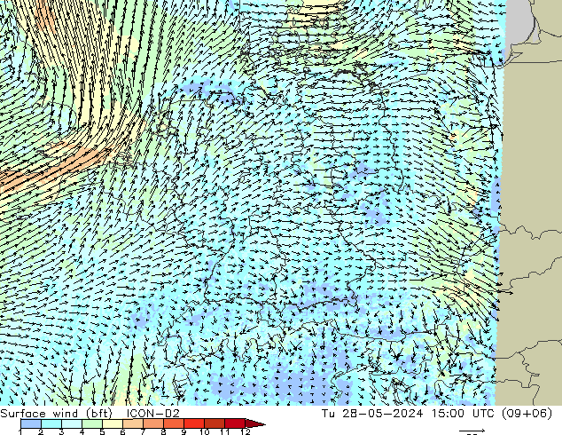 Surface wind (bft) ICON-D2 Tu 28.05.2024 15 UTC