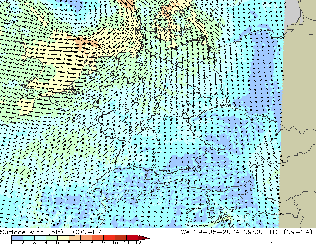 Bodenwind (bft) ICON-D2 Mi 29.05.2024 09 UTC