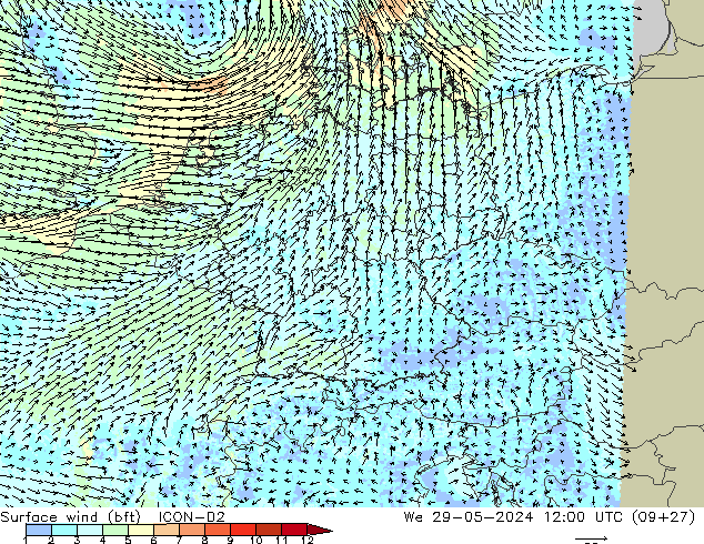wiatr 10 m (bft) ICON-D2 śro. 29.05.2024 12 UTC