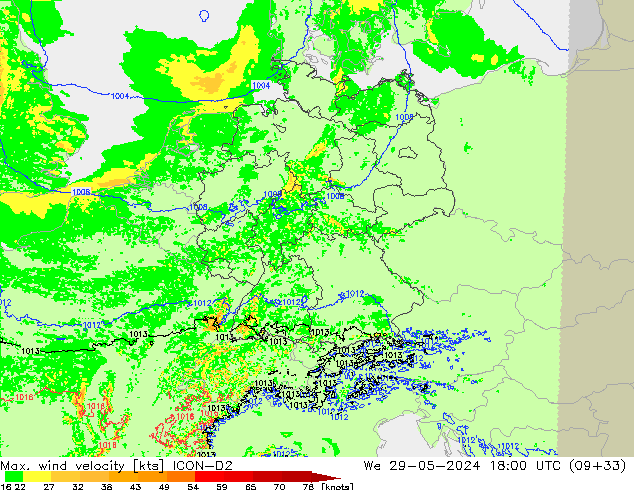 Max. wind velocity ICON-D2 Qua 29.05.2024 18 UTC