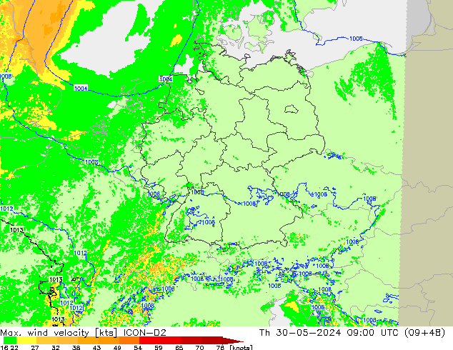 Max. wind snelheid ICON-D2 do 30.05.2024 09 UTC