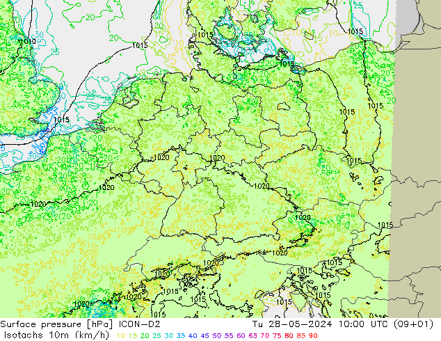 Isotachs (kph) ICON-D2 Tu 28.05.2024 10 UTC