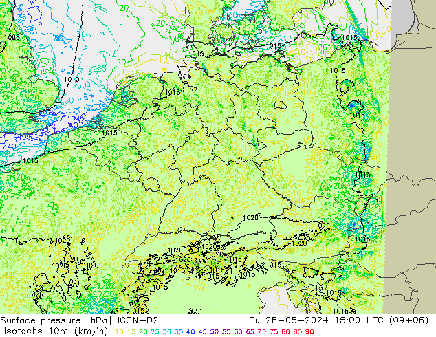 Isotachen (km/h) ICON-D2 Di 28.05.2024 15 UTC