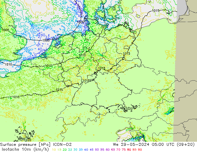 Eşrüzgar Hızları (km/sa) ICON-D2 Çar 29.05.2024 05 UTC