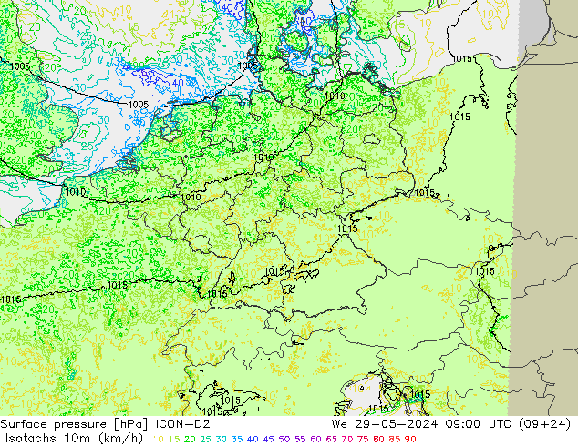 Isotachen (km/h) ICON-D2 Mi 29.05.2024 09 UTC