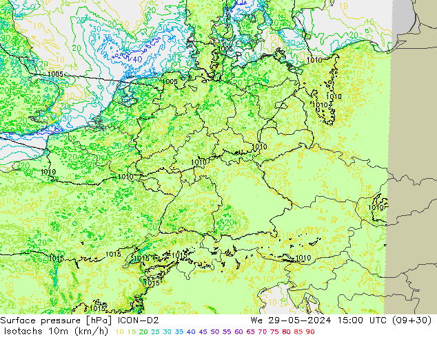 Isotachs (kph) ICON-D2 Qua 29.05.2024 15 UTC