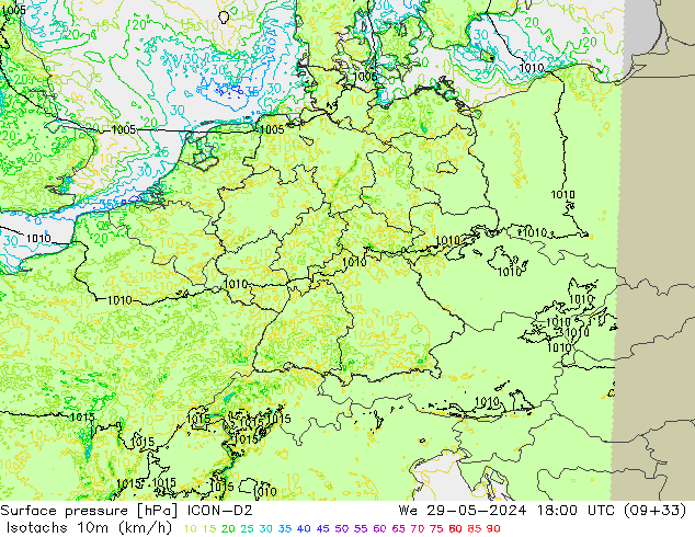 Isotaca (kph) ICON-D2 mié 29.05.2024 18 UTC