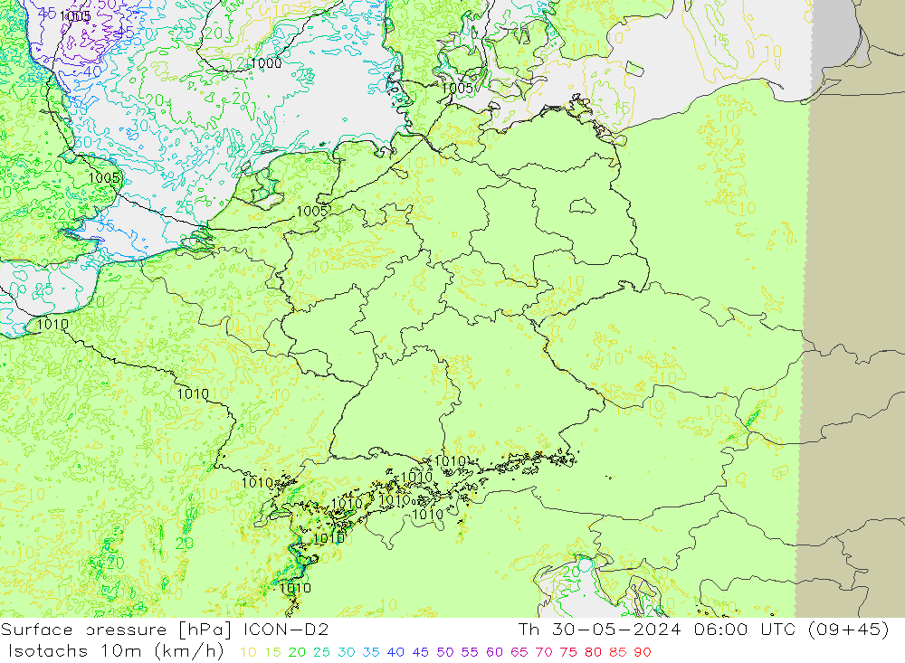 Isotachen (km/h) ICON-D2 do 30.05.2024 06 UTC