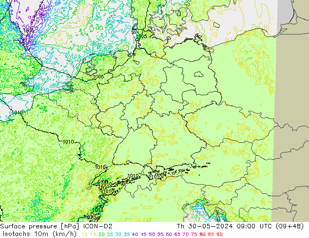 Eşrüzgar Hızları (km/sa) ICON-D2 Per 30.05.2024 09 UTC