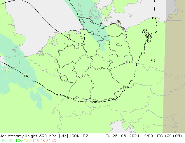 Jet stream/Height 300 hPa ICON-D2 Tu 28.05.2024 12 UTC