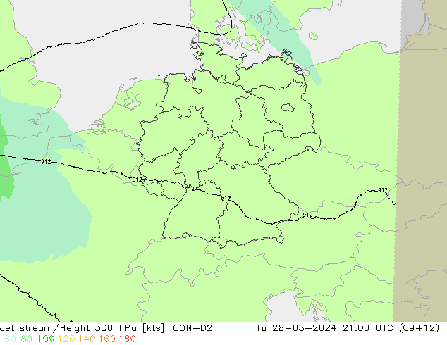 Corriente en chorro ICON-D2 mar 28.05.2024 21 UTC