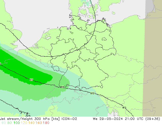 Jet stream/Height 300 hPa ICON-D2 We 29.05.2024 21 UTC