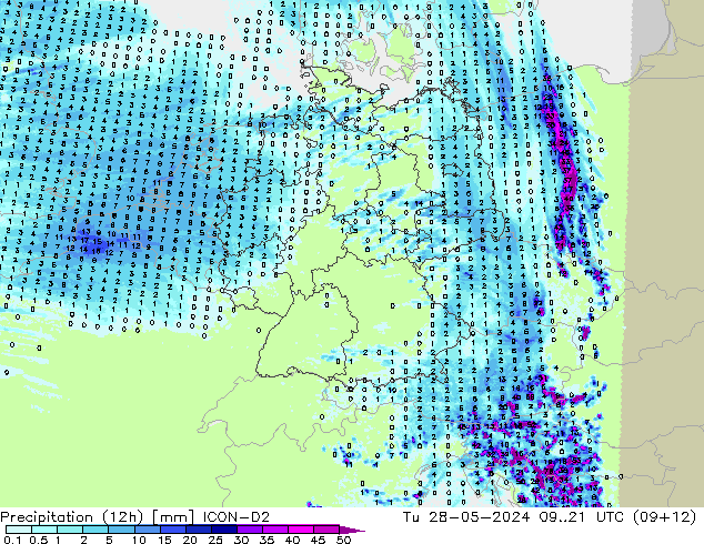 Precipitation (12h) ICON-D2 Tu 28.05.2024 21 UTC