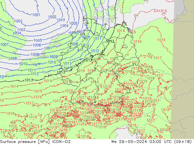 Surface pressure ICON-D2 We 29.05.2024 03 UTC