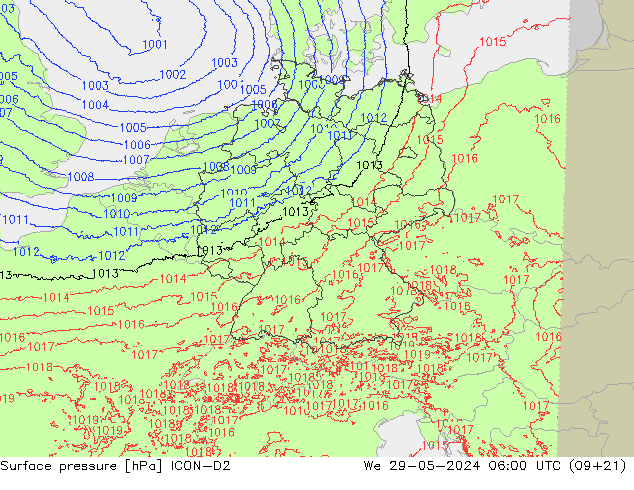 Surface pressure ICON-D2 We 29.05.2024 06 UTC