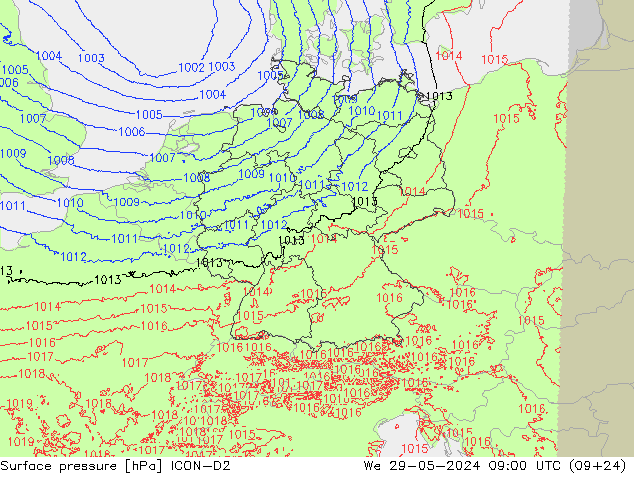 Surface pressure ICON-D2 We 29.05.2024 09 UTC