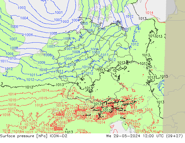 Surface pressure ICON-D2 We 29.05.2024 12 UTC