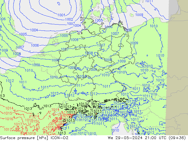 Presión superficial ICON-D2 mié 29.05.2024 21 UTC