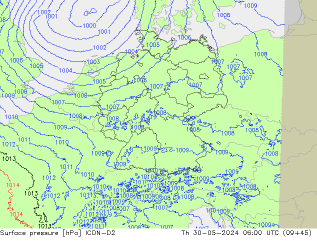 Surface pressure ICON-D2 Th 30.05.2024 06 UTC