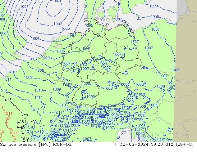 Atmosférický tlak ICON-D2 Čt 30.05.2024 09 UTC