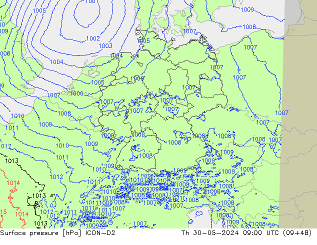 Pressione al suolo ICON-D2 gio 30.05.2024 09 UTC