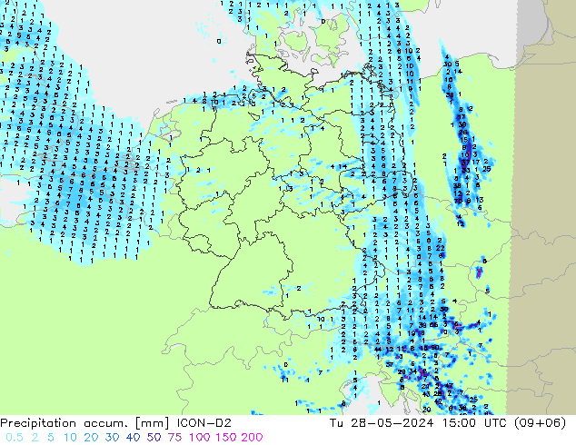 Precipitation accum. ICON-D2 Tu 28.05.2024 15 UTC