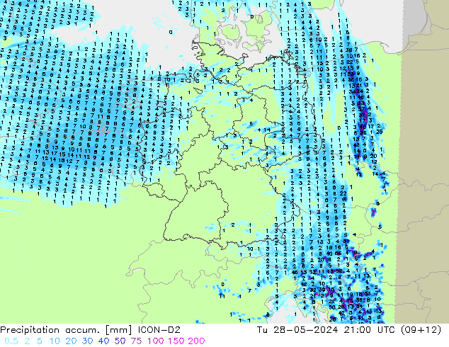 Precipitation accum. ICON-D2 星期二 28.05.2024 21 UTC