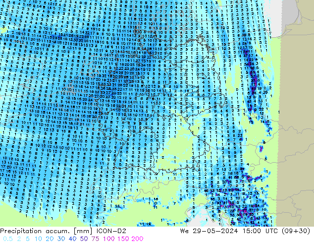 Precipitation accum. ICON-D2 Qua 29.05.2024 15 UTC