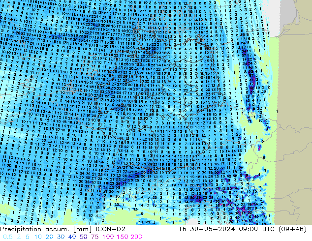 Precipitation accum. ICON-D2 Th 30.05.2024 09 UTC