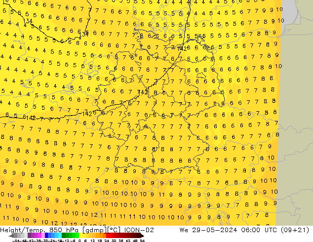 Height/Temp. 850 hPa ICON-D2 St 29.05.2024 06 UTC