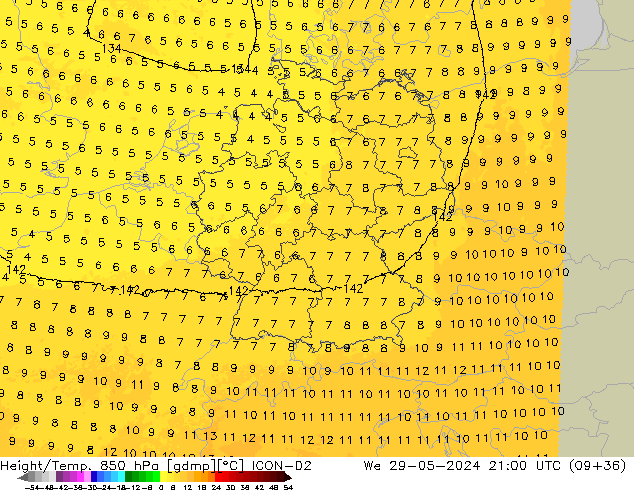 Yükseklik/Sıc. 850 hPa ICON-D2 Çar 29.05.2024 21 UTC
