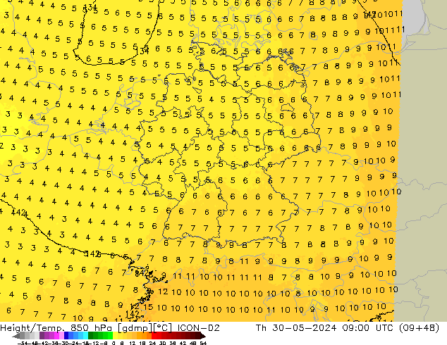 Height/Temp. 850 hPa ICON-D2 Čt 30.05.2024 09 UTC