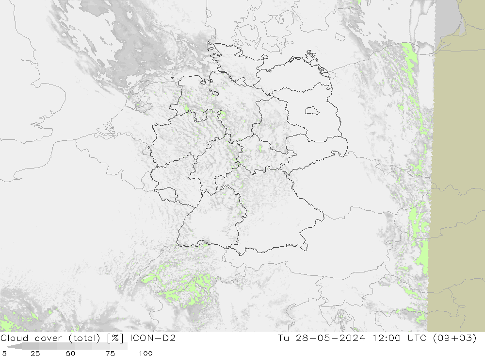 Cloud cover (total) ICON-D2 Tu 28.05.2024 12 UTC