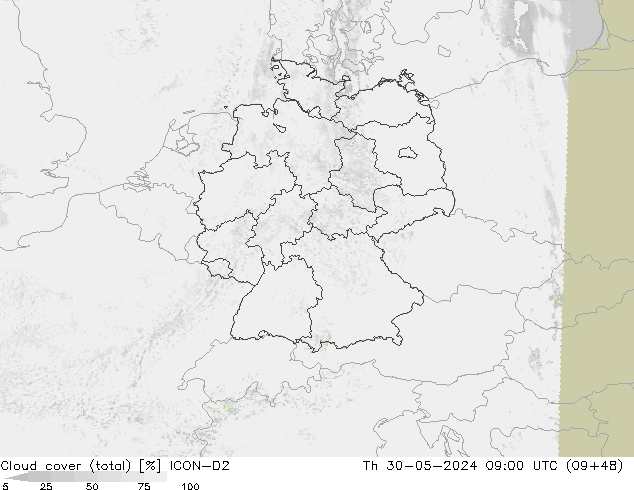 Nubes (total) ICON-D2 jue 30.05.2024 09 UTC