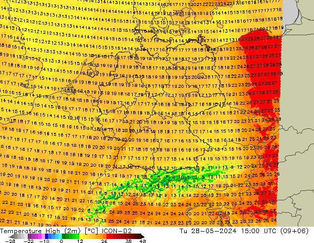 Temperature High (2m) ICON-D2 Tu 28.05.2024 15 UTC