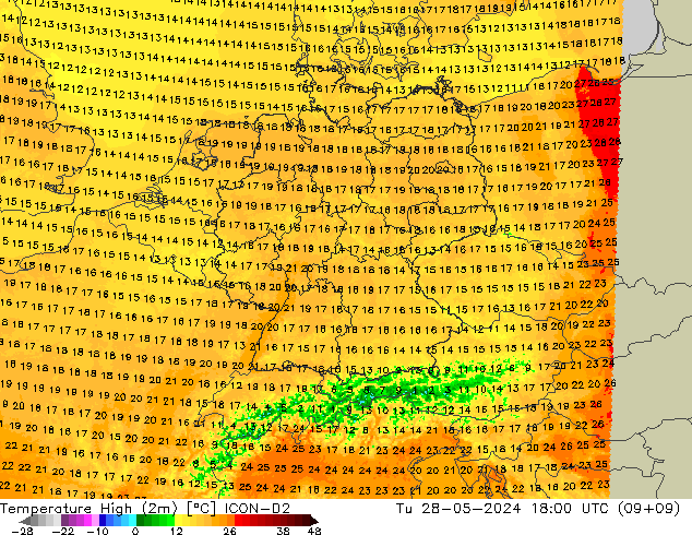Max.  (2m) ICON-D2  28.05.2024 18 UTC