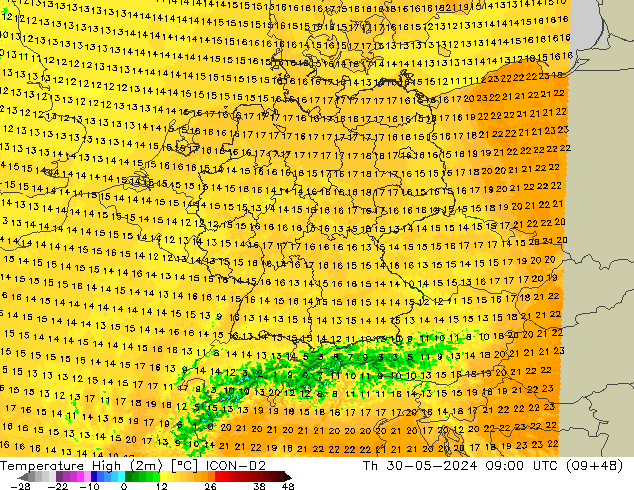 Temperatura máx. (2m) ICON-D2 jue 30.05.2024 09 UTC