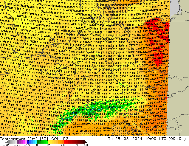 Temperatura (2m) ICON-D2 mar 28.05.2024 10 UTC