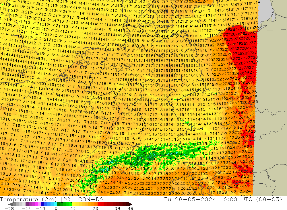 Sıcaklık Haritası (2m) ICON-D2 Sa 28.05.2024 12 UTC