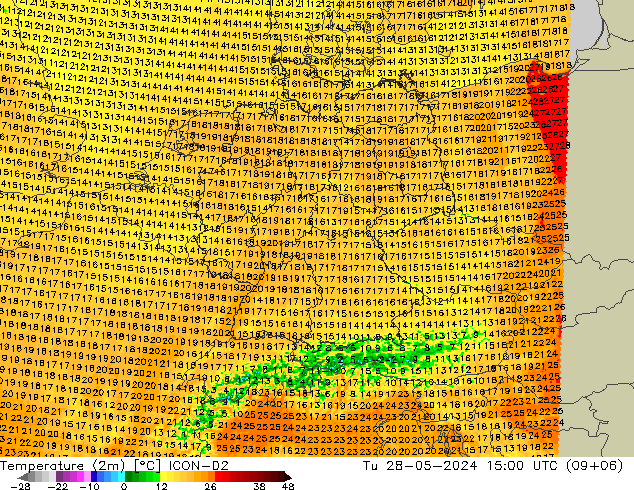 Temperatuurkaart (2m) ICON-D2 di 28.05.2024 15 UTC