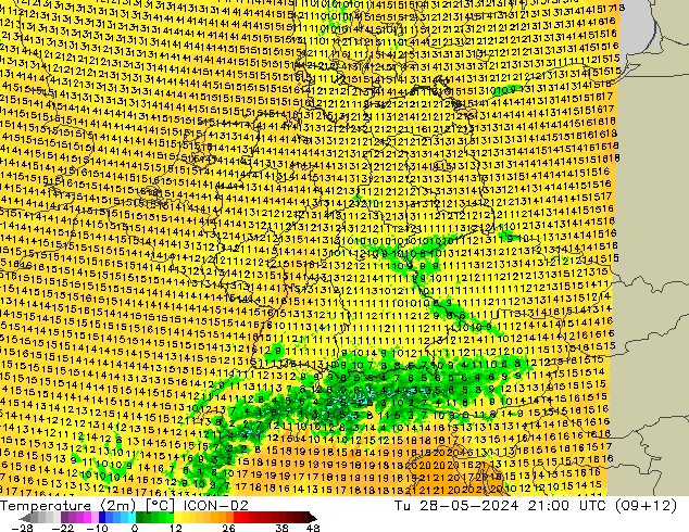 Temperaturkarte (2m) ICON-D2 Di 28.05.2024 21 UTC