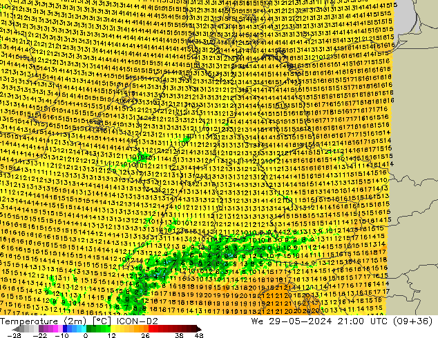 Temperaturkarte (2m) ICON-D2 Mi 29.05.2024 21 UTC