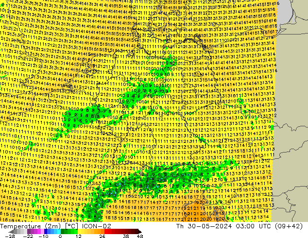 Temperatuurkaart (2m) ICON-D2 do 30.05.2024 03 UTC