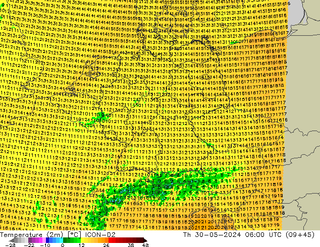 Temperatura (2m) ICON-D2 gio 30.05.2024 06 UTC