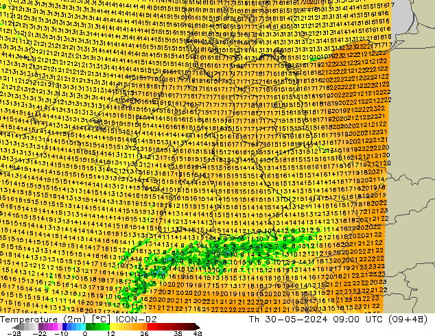 Temperature (2m) ICON-D2 Th 30.05.2024 09 UTC