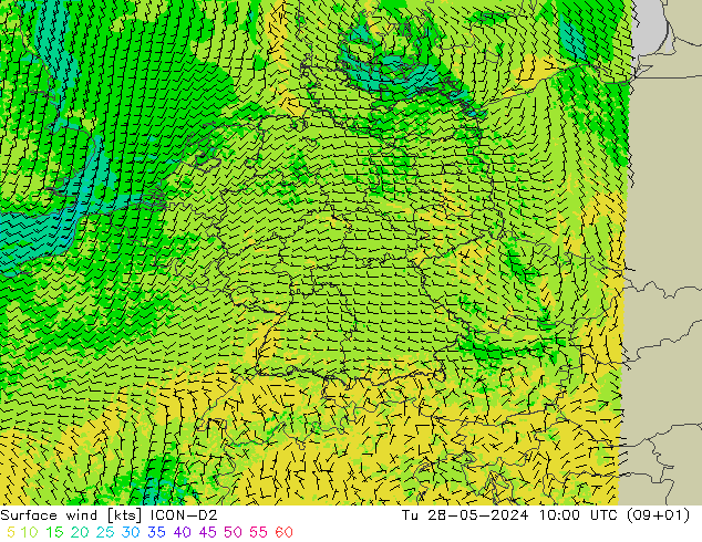 Surface wind ICON-D2 Tu 28.05.2024 10 UTC